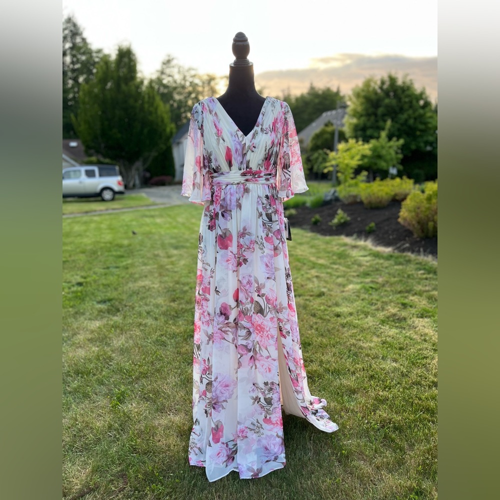 Adrianna papell flutter sleeve chiffon maxi dress floral evening gown - Picture 2 of 14